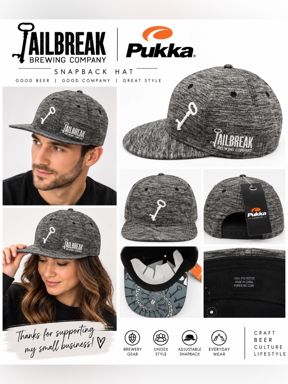 TailBreak Brewing Company Pukka Snapback Hat Gray Black Graphic Brim NWT